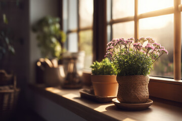 Fototapeta premium Basking in sunlight vibrant flowers in pots by the window indoor plant collection cozy home environment natural serenity
