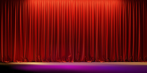Red stage curtain illuminated by theatrical spotlights before a show. Background for entertainment concepts. 3d illustration