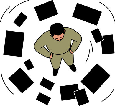 A man stands surrounded by scattered black rectangles in a cluttered environment.