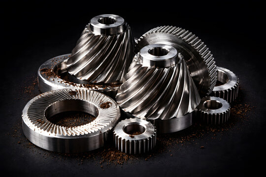 Close-up of stainless steel conical and flat burrs for a coffee grinder. Precision mechanical gears on a dark background, representing industrial design and coffee engineering.
