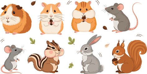 Fototapeta premium Cute Rodent and Small Animal Collection Featuring Guinea Pigs, Hamsters, Mice, Squirrels, Rabbits, and Chipmunks
