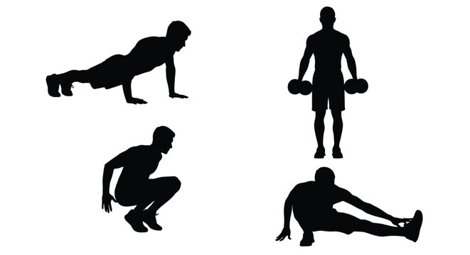 Vector graphic illustration of a man performing various fitness exercises and workout routines.