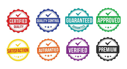 Obraz premium Collection of colorful quality assurance and certification badges with checkmarks