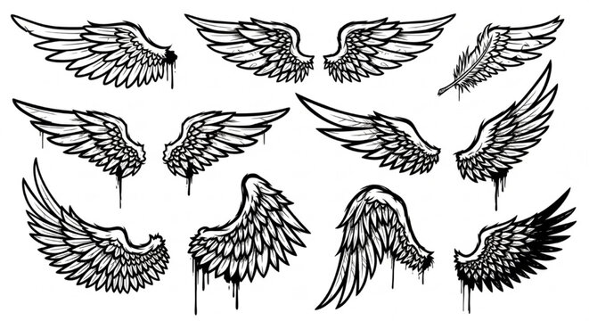 Urban Graffiti Wings and Feathers Vector Illustration Sheet in Black Ink Grunge Punk Street Art Style