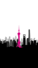 Obraz premium A striking silhouette of the Shanghai skyline, featuring the iconic Oriental Pearl Tower in vibrant pink against a monochrome cityscape.