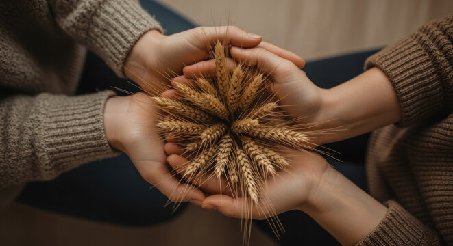 Interconnected hands cradling a bundle of golden wheat