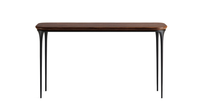Modern wooden desk, minimalist table, brown furniture, black metal legs