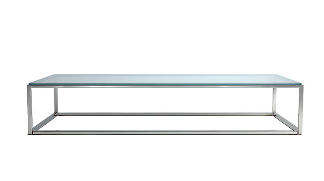 Modern glass coffee table, minimalist metal frame, transparent glass top, living room furniture