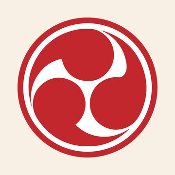 A traditional Japanese Mitsu-domoe symbol, featuring three swirling white commas or tear-drops within a solid red circle, set against a light background.
