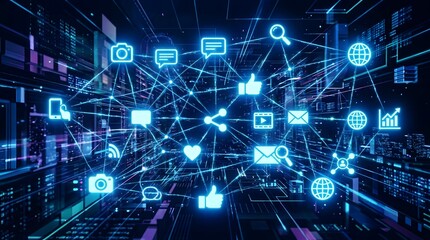 Fototapeta premium A futuristic network of glowing blue icons and lines in a dark room