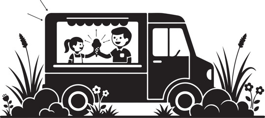 Obraz premium Black and white of a food truck serving ice cream customer