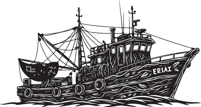 Black and white of a fishing boat named eriai ship
