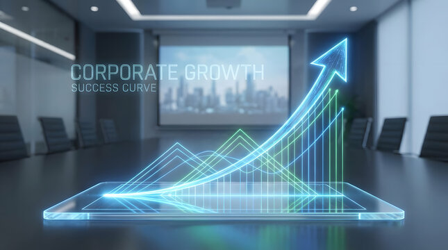 Corporate growth and success illustrated by a rising graph on a tablet screen within a modern boardroom