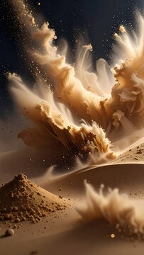 Desert explosion of sand, swirling upwards into the dark sky