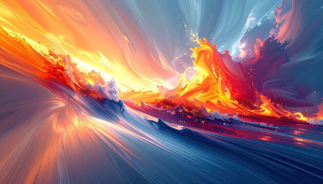 Fiery abstract landscape; swirling skies meet waters