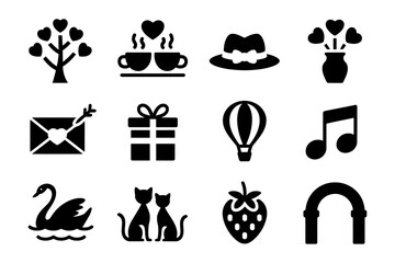 Obraz premium Vector featuring a variety of love-themed icons including hearts, animals, gifts, and symbols of romance