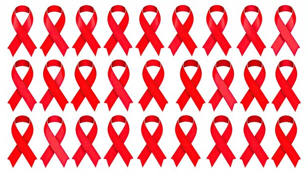Multiple bright red awareness ribbons arranged neatly in rows