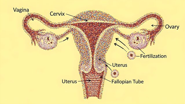 Illustration of the female reproductive system showing ovaries, fallopian tubes, uterus, cervix and vagina, with labeled egg movement and fertilization sites to demonstrate where conception and embryo