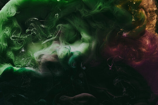 Abstract green background. Moving smoke flow, fluid liquid art.