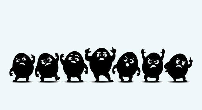 Group of Silhouetted Angry Egg Characters Expressing Emotions.