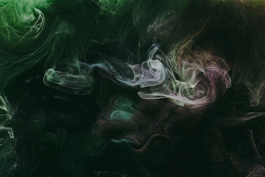 Abstract green background. Moving smoke flow, fluid liquid art.