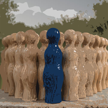 A solitary blue figure stands out amongst a crowd of neutral beige human forms