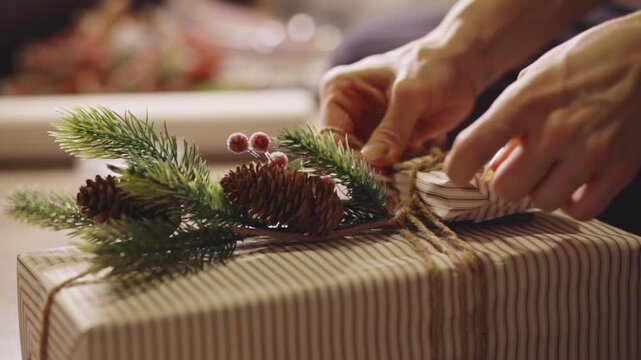 Hands Tie Twine Around a Christmas Gift, Decorated With Pine Sprigs and Pinecones - Close Up
