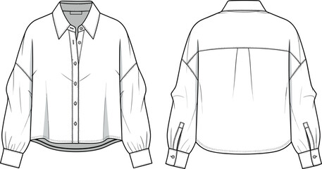 Technical flat sketch of a women's oversized button down shirt with dropped shoulders long sleeves back yoke and curved hem. © BIPUL