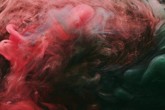 Abstract red green background. Moving smoke flow, fluid liquid art