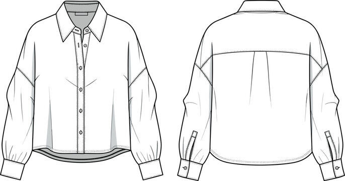 Technical flat sketch of a women's oversized button down shirt with dropped shoulders long sleeves back yoke and curved hem.