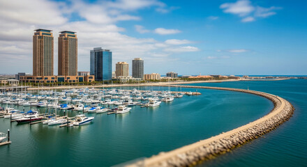 Naklejka premium Marina bay with modern skyscrapers and boats