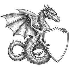 Obraz premium Mythical dragon holding a blank heraldic shield vintage sketch illustration