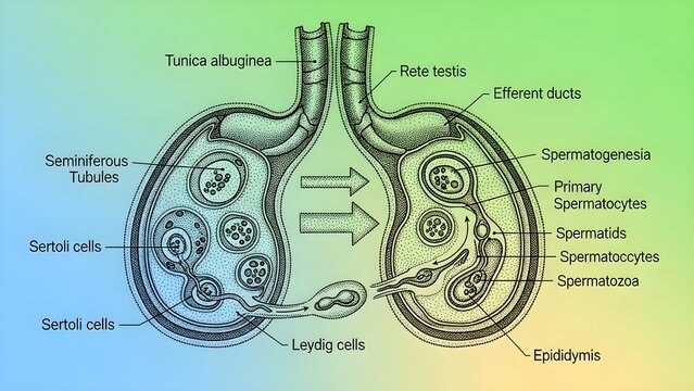 Paired testis cross‑sections illustrating seminiferous tubules, rete testis, efferent ducts and epididymis, with labeled stages of spermatogenesis and supporting cells to trace the pathway of developi
