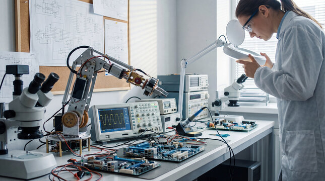 Robotics engineer testing robotic arm in laboratory, female scientist working on electronic circuit board prototype