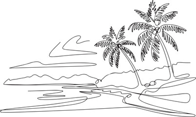 Continuous line art illustration depicting a serene tropical beach landscape with elegant palm trees leaning over a tranquil ocean, offering a minimalistic design for relaxation themes © Mahfuzur