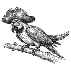 Tropical macaw parrot wearing a pirate hat on a wooden branch sketch © trianatio