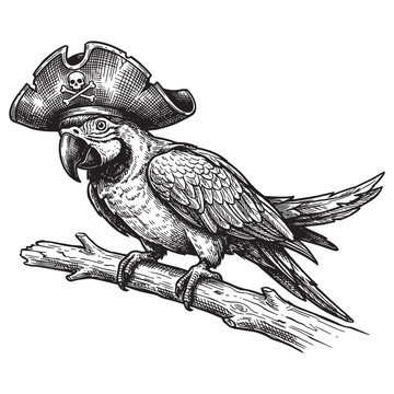 Tropical macaw parrot wearing a pirate hat on a wooden branch sketch