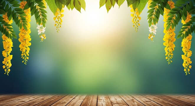 Vishu festival background with yellow flowers and green leaves