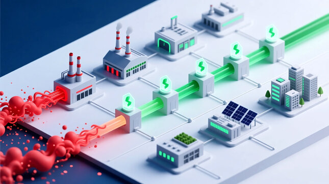 Climate policy impact carbon flow regulation 3D isometric view Emissions transform to clean energy for sustainability achieving net zero goals