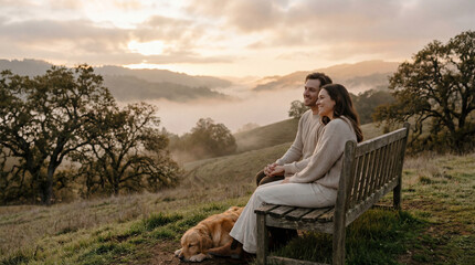 Fototapeta premium Romantic couple sitting on wooden bench at sunrise, young man and woman with dog in misty mountain landscape