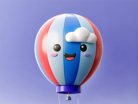 A hot air balloon with a smiling face and a cloud on its head