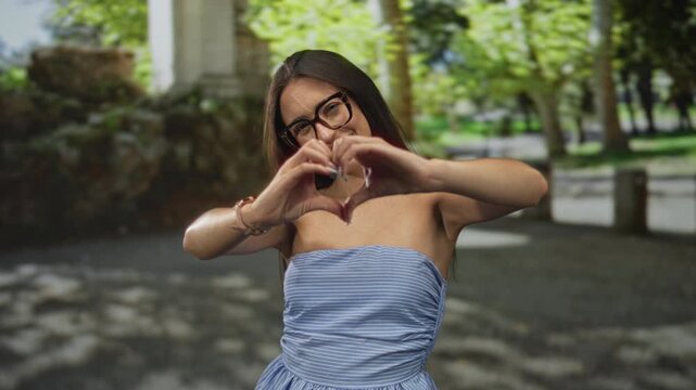Woman in blue strapless dress wearing glasses forms heart with hands in forest, smiling at camera with playful expression; affection.