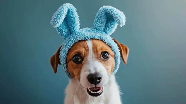 Adorable puppy wearing blue bunny ears on blue background. Easter, Pascha, Paskha, Ostern, Pascua, Paques - Orthodox and Catholic Holiday celebration
