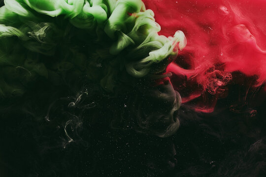 Abstract red green background. Moving smoke flow, fluid liquid art