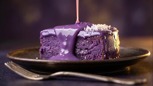 Filipino Ube Halaya Purple Yam Cake Pouring Glaze Slow Motion
