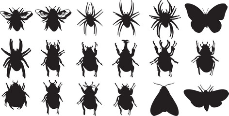 Black insect silhouettes collection, 18 detailed bug vector icons, butterfly and spider shapes, beetle and bee graphic design elements © Carter