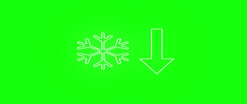 Snowflake with Down Arrow Icon, Winter Temperature Drop and Cooling Concept Vector Illustration, Cold Weather Forecast Line Art Graphic on Green Screen Background for HVAC and Climate Design