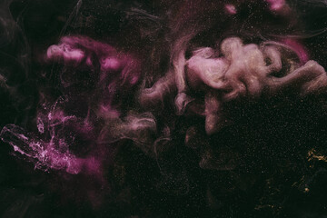 Abstract colorful purple pink black background. Moving flow of paints, fluid liquid art, space sky