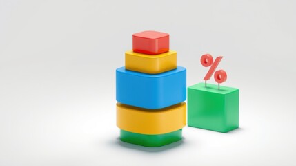 Obraz premium Colorful cubes stacked. Green, yellow, blue, red shapes represent data, discount, or statistics. Minimalist studio shot.