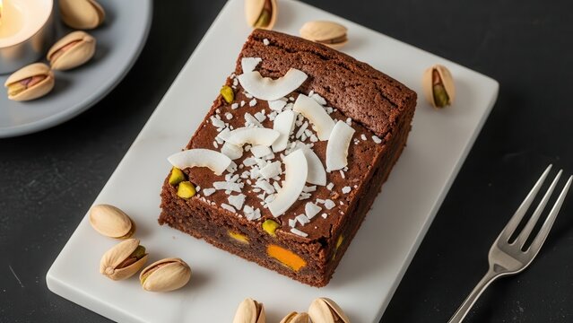 A chocolate brownie with coconut flakes and pistachios on a white plate, with a fork on the side, looking rich and decadent